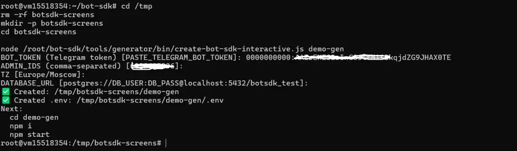 Bot-SDK + Generator: каркас Telegram-ботов + интерактивный генератор + PM2