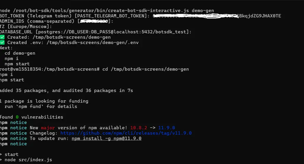Bot-SDK + Generator: каркас Telegram-ботов + интерактивный генератор + PM2
