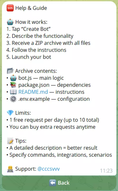 AI-платформа для генерации Telegram-ботов (исходники + backend)