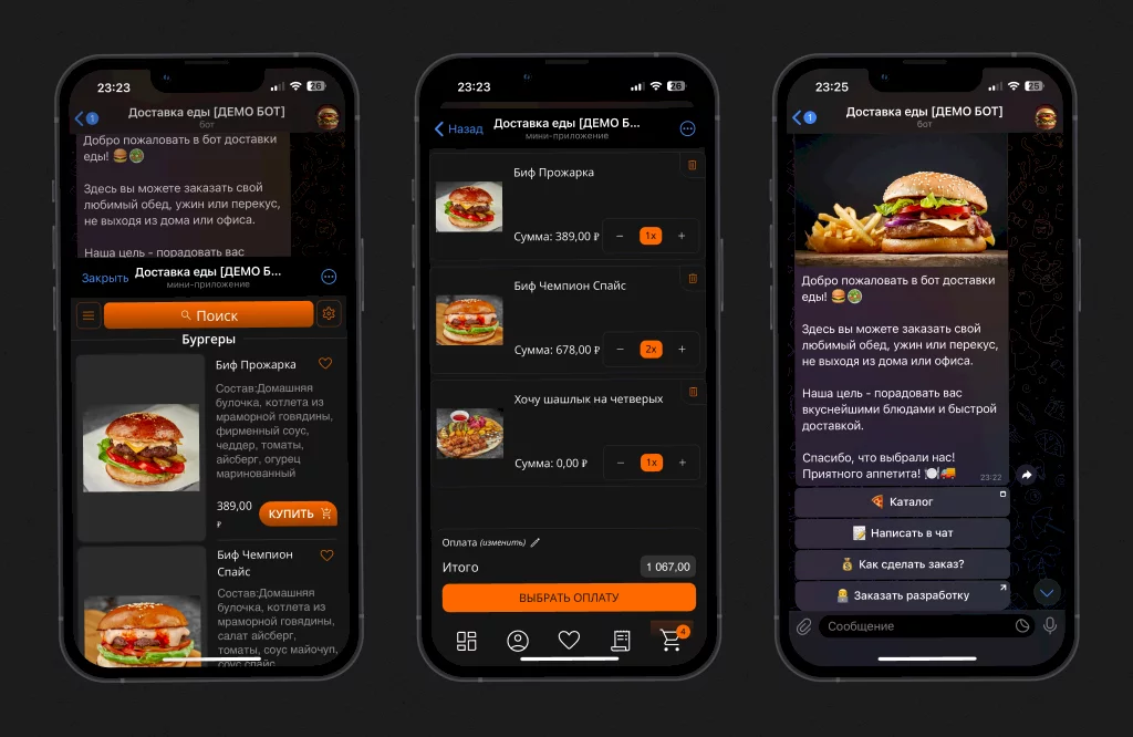 Телеграм бот доставки еды из кафе или ресторана + MiniApp